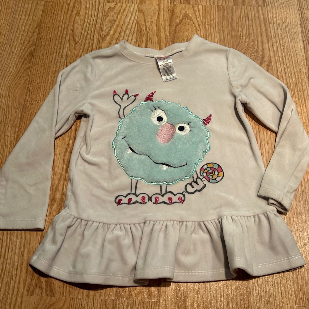 Wonder Nation Girls 5T Velour Monster Peplum Top Long Sleeve Ivory Blue Glitter